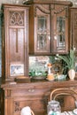 happy easter holiday in springtime. home decor. antique vintage carved wooden kitchen counter or cupboard or sideboard