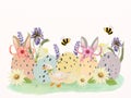 Happy Easter holiday template. Cute Duck, ears rabbit and egg harvest garden Concept of spring egg hunt Royalty Free Stock Photo