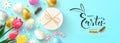 Happy Easter holiday web banner. Vector illustration with realistic decorated eggs, gift box, feathers and flowers.Festive Royalty Free Stock Photo