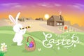 Happy Easter, holiday, white cute bunny looking through binocular, egg hunt poster, agriculture landscape scene, rabbit cartoon Royalty Free Stock Photo