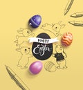 Happy Easter holiday wish surrounded by lovely baby bunnies, colorful decorative eggs, pen and pencil on yellow