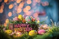 Happy easter hop diseases Eggs Easter Bunny Figurines Basket. White color palette Bunny resurrection sunday sunrise service