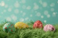 Happy easter hop farming Eggs Eggstraordinary Bunny Basket. White Bowtie Bunny garden decor. pink bunny background wallpaper Royalty Free Stock Photo