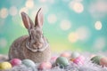 Happy easter hop pellets Eggs Plain Basket. Easter Bunny symbol Sapphire. Hare on meadow with style easter background wallpaper