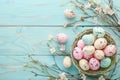 Happy easter hop whirlpool Eggs Easter basket sweets Basket. White signature Bunny garden gate. forest green background wallpaper Royalty Free Stock Photo