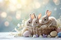 Happy easter hope Eggs Easter Bunny Crafts Basket. White Bold Bunny radiant. greenery background wallpaper