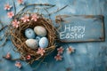 Happy easter Hope Eggs Easter wreath Basket. White triplets Bunny Eggstravaganza. Pastel colors background wallpaper