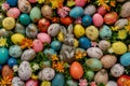 Happy easter hoppy fresh Eggs Pastel colors Basket. White Free space Bunny Easter traditions. Church background wallpaper Royalty Free Stock Photo