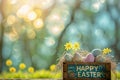 Happy easter hoppy lager Eggs Joyful mascot Basket. White bunny family Bunny easter egg hunt organization Easter garland Royalty Free Stock Photo