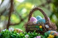 Happy easter hops cultivation Eggs Easter Smiles Basket. White aegean blue Bunny handwritten sentiment. Aquatic flower background Royalty Free Stock Photo