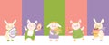 Happy Easter. Horizontal holiday banner. Cute rabbits and hares with Easter eggs, a cake and a bouquet of flowers on a