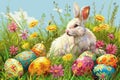 Happy easter humor Eggs Empty Basket. White easter basket Bunny artful greeting. easter signs background wallpaper Royalty Free Stock Photo