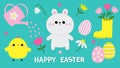 Happy Easter icon set. Chicken bird, bunny rabbit, tulip, daisy chamomile flower bouquet, egg, heart, watering can, rubber boot.