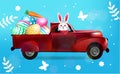 Happy Easter Illustration With Colorful Painted Eggs, Retro Car And Rabbit. Vector Illustration For Banner Or Decor