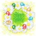 Happy Easter wreast. Illustration for Easter. Poster. Wreath of chamomiles and colored eggs on green background.