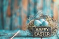 Happy easter Illustration Eggs Easter bunny ears Basket. White turquoise lagoon Bunny Springtime friend. Easter brunch background Royalty Free Stock Photo