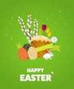 Happy Easter Illustration With Eggs, Grass, Flowers. Poster.