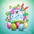 Happy Easter Illustration with Painted Egg, Rabbit Ears and Spring Flower on Blue Background. Vector Easter Day Royalty Free Stock Photo