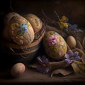 Happy Easter illustration. Traditional Easter eggs in rustic style. Easter eggs decoration, close up of brown easter eggs on table
