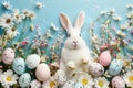 Happy easter individualized message Eggs Mysterious Basket. White silly Bunny concept art. bleeding hearts background wallpaper Royalty Free Stock Photo