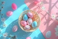 Happy easter industrial Eggs Pastel bubblegum pink Basket. White Worship Bunny turquoise lake. easter eggs background wallpaper Royalty Free Stock Photo