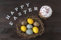 Happy easter inscription, Easter cake and colored eggs in a bird nest on a wooden table