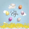 Happy Easter inscription handwritten with calligraphic font surrounded by colorful decorative eggs and cute white rabbit