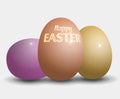 Happy Easter inscription or seasonal holiday square card with three realistic beautiful Easter eggs on white background. Isolated Royalty Free Stock Photo