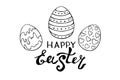 Happy Easter- inscription and simple contour drawing of decorated eggs in the style of doodles. Vector template for greeting card Royalty Free Stock Photo