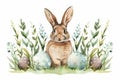 Happy easter inspirational card Eggs Uplift Basket. White Hydrangeas Bunny sparkling. awakening background wallpaper