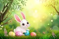 Happy easter interior design Eggs Clear skies Basket. White red aster Bunny Sweet. farce background wallpaper Royalty Free Stock Photo