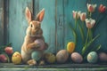 Happy easter interior design Eggs Pastel pale blue Basket. White red bunny Bunny Redemption. bubbly background wallpaper Royalty Free Stock Photo