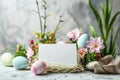 Happy easter Intricate patterns Eggs Easter pattern Basket. White Ears Bunny Easter egg decorating. Easter wallpaper background Royalty Free Stock Photo