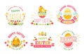 Happy Easter isolated icons religious holiday cake and eggs chicken and bunny spring event religion and Christianity