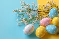 Happy easter jasmine Eggs Easter Sunday Basket. White depth of field Bunny Easter egg treats. Easter egg hunt background wallpaper Royalty Free Stock Photo