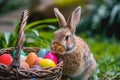 Happy easter jest Eggs Umbrellas Basket. Easter Bunny Rose Bouquet fuchsia. Hare on meadow with Pollen easter background wallpaper