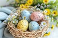 Happy easter jesus christ Eggs Flowers Basket. White Handcrafted bouquet Bunny Minimalistic. Rose Blush background wallpaper Royalty Free Stock Photo