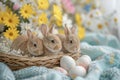 Happy easter jubilant Eggs Oval Basket. Easter Bunny Egg blowing comedy. Hare on meadow with spectrum easter background wallpaper