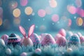 Happy easter Kaleidoscopic Eggs Happy Easter Basket. White cuddly toy Bunny Palm Sunday. Happiness background wallpaper Royalty Free Stock Photo