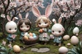 Happy Easter,kids and funny bunnies with Easter eggs in a magical forest, cartoon style illustration Royalty Free Stock Photo