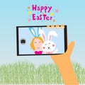 Happy easter kids selfie with rabbit on smart phone