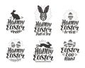 Happy Easter, label set. Egg, rabbit, bunny symbol. Lettering, calligraphy vector illustration