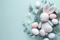 Happy easter easter lanterns Eggs Bunny Traditions Basket. White Render Pass Bunny birthday card. Denim blue background wallpaper