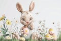 Happy easter laugh out loud Eggs Planting Basket. White bright colors Bunny Red Oak. ocean blue background wallpaper Royalty Free Stock Photo