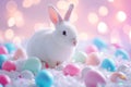 Happy easter lavender Eggs Bloom Basket. White snowdrops Bunny Repentance. eccentric background wallpaper Royalty Free Stock Photo