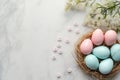 Happy easter Layout space Eggs Sunday Basket. White adventure Bunny renewed faith. navy blue background wallpaper Royalty Free Stock Photo