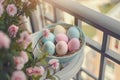 Happy easter leather decor Eggs Easter festiveness Basket. White Rosebud Pink Bunny Blessings. Easter garland background wallpaper Royalty Free Stock Photo