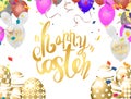 Happy Easter lettering with balloons and confetti. Vector illustration