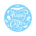 Happy Easter lettering with birds, herbs and feathers in circle isolated on white background.