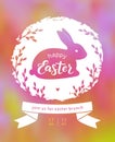 Happy Easter lettering on blurred background. Cute Easter bunny silhouette with willow twigs